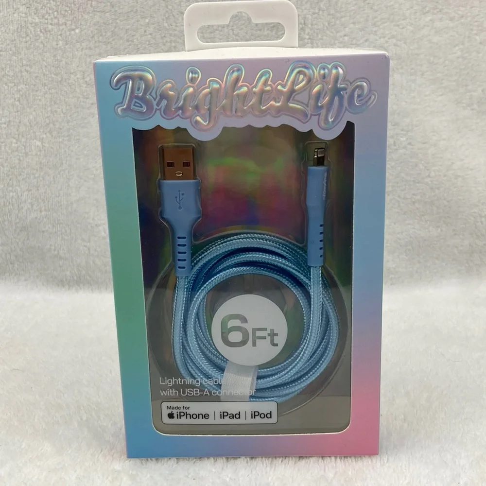 Bright Life USB-A Blue Lightning Cable for iPhone, iPad, iPod 6 ft. New